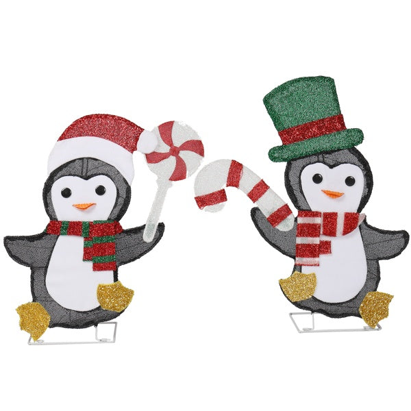 Set Of 2 Lighted Penguin And Candy Cane Christmas Decoration