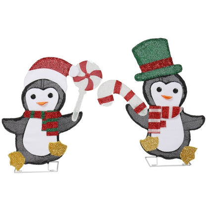 Set Of 2 Lighted Penguin And Candy Cane Christmas Decoration