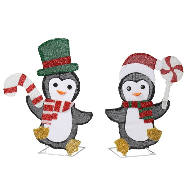 Set Of 2 Lighted Penguin And Candy Cane Christmas Decoration