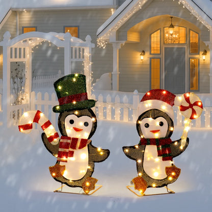 Set Of 2 Lighted Penguin And Candy Cane Christmas Decoration