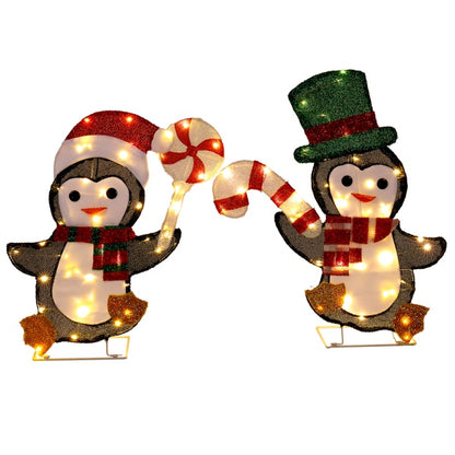 Set Of 2 Lighted Penguin And Candy Cane Christmas Decoration