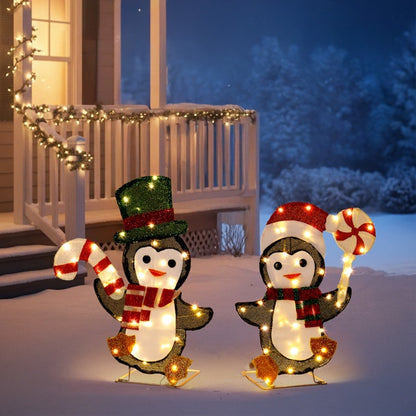 Set Of 2 Lighted Penguin And Candy Cane Christmas Decoration