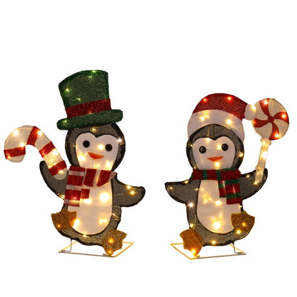 Set Of 2 Lighted Penguin And Candy Cane Christmas Decoration